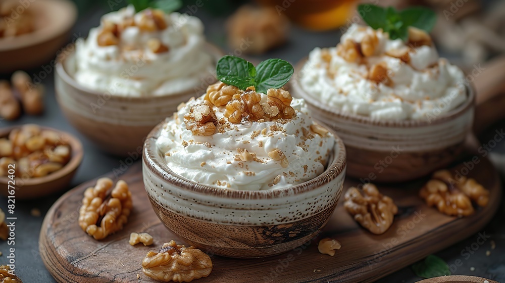 A plate of Greek yogurt with honey and walnuts. A plate of Greek yogurt with honey and walnuts.