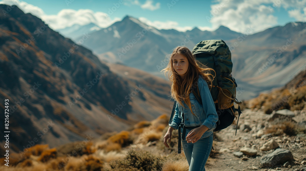 A determined young female backpacker treks across majestic mountain ranges, her unwavering gaze fixed on the path ahead during her thrilling adventure