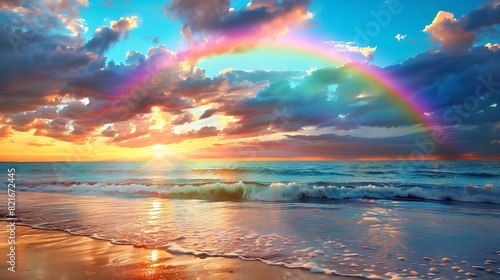 A rainbow style multi colored on the beach while the sun sets down on a beautiful cloudscape photo