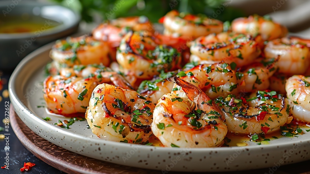 A plate of grilled shrimp with garlic butter. A plate of grilled shrimp with garlic butter.