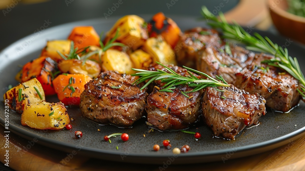 A plate of lamb chops with rosemary, garlic, and roasted vegetables. A plate of lamb chops with rosemary, garlic, and roasted vegetables.