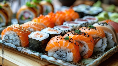 A plate of Japanese sushi rolls with a variety of nigiri sushi, sashimi, and maki rolls, accompanied by pickled ginger, wasabi, and soy sauce.