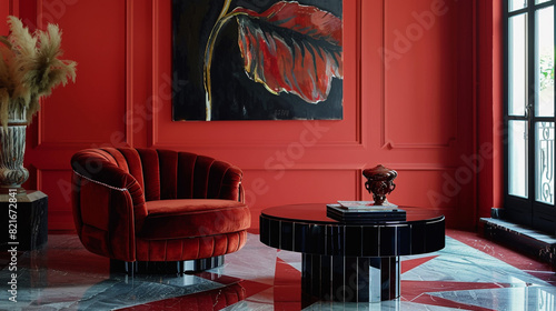 A stylish Art Deco living room with a bold color palette, a velvet armchair, and a glossy black lacquered coffee table. photo