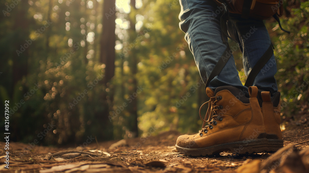 Amidst towering trees and dappled sunlight, a close-up shot focuses on a backpack and sturdy hiking boots, their worn look revealing a history of adventures Amidst towering trees and dappled sunlight, a close-up shot focuses on a backpack and sturdy hiking boots, their worn look revealing a history of adventures
