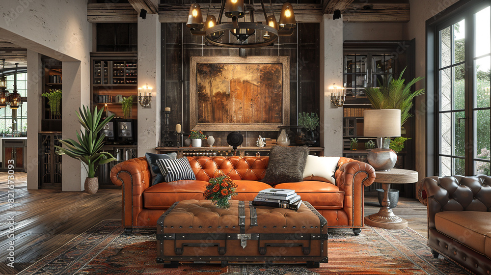 A transitional living room with a blend of rustic and refined elements ...