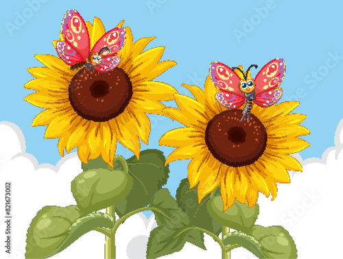 Colorful butterflies resting on vibrant sunflowers