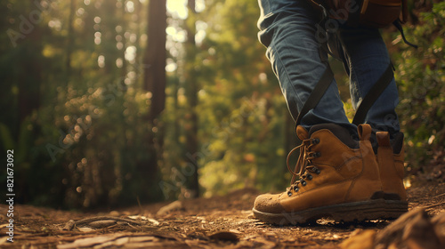 Amidst towering trees and dappled sunlight, a close-up shot focuses on a backpack and sturdy hiking boots, their worn look revealing a history of adventures