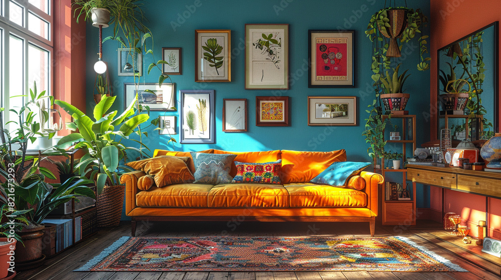 A vibrant eclectic living room with bold colors, a mix of textures, and an assortment of eclectic decor items, including vintage finds and quirky accessories. A vibrant eclectic living room with bold colors, a mix of textures, and an assortment of eclectic decor items, including vintage finds and quirky accessories.