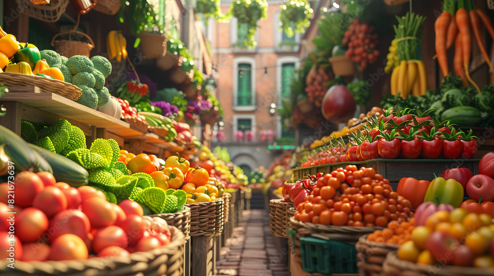 Cartoon-style fruits and vegetables arranged in a lively market scene. Cartoon-style fruits and vegetables arranged in a lively market scene.