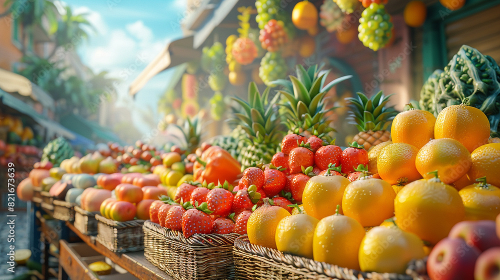 Cartoon-style fruits and vegetables arranged in a lively market scene. Cartoon-style fruits and vegetables arranged in a lively market scene.