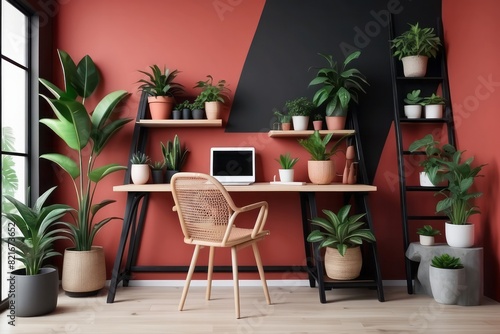 Creative composition of Soft Red office interior, wooden desk, rattan sideboard, chair