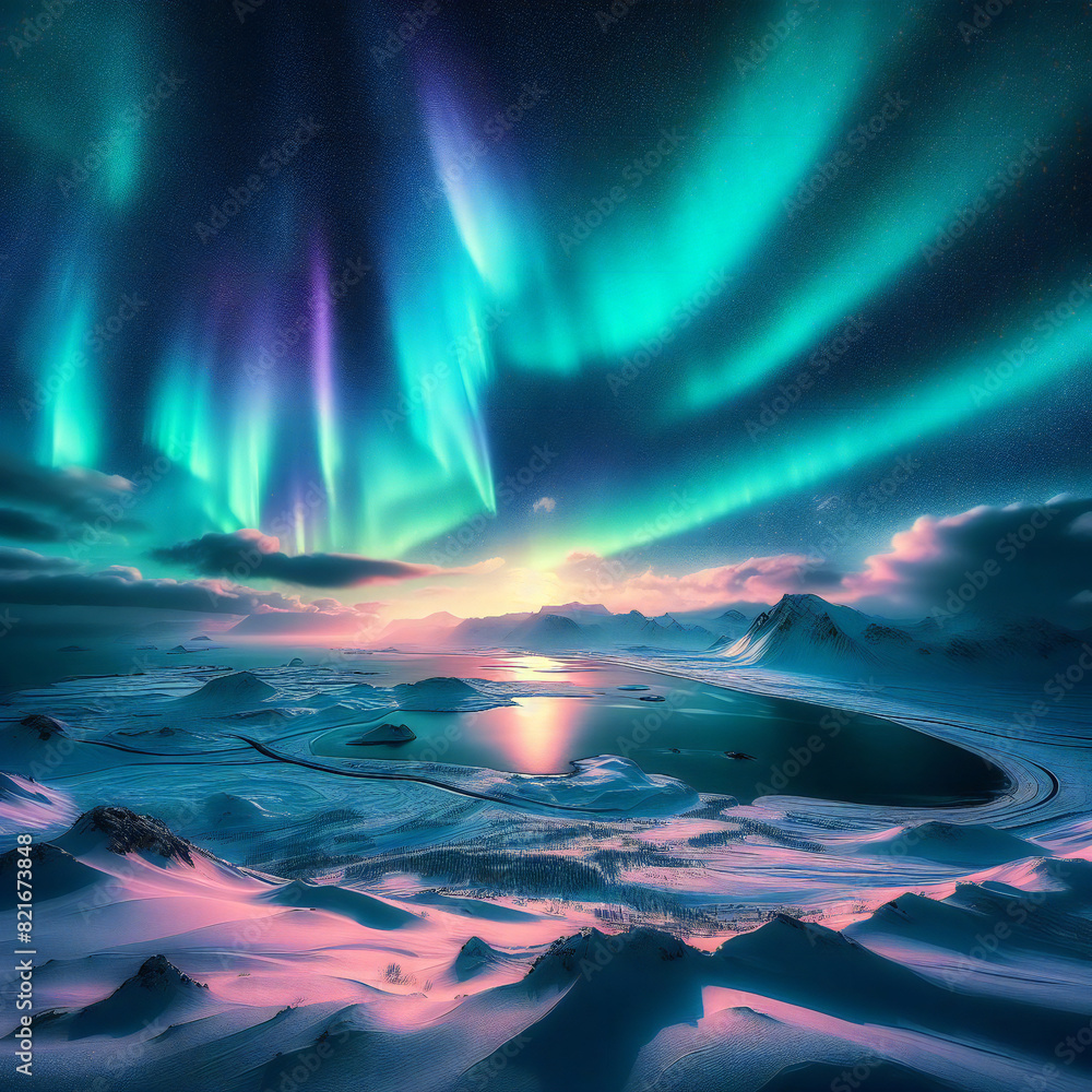 Fototapeta premium Northern Lights Over Iceland's Snowy Expanse