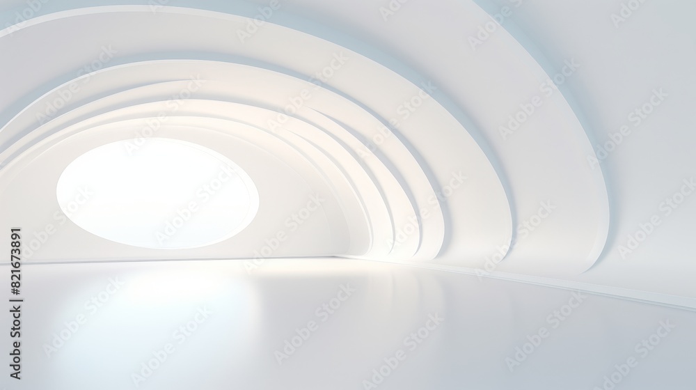 Abstract white room with arched ceiling and round window. Light streams through the window. Modern and minimalist design. Abstract white room with arched ceiling and round window. Light streams through the window. Modern and minimalist design.