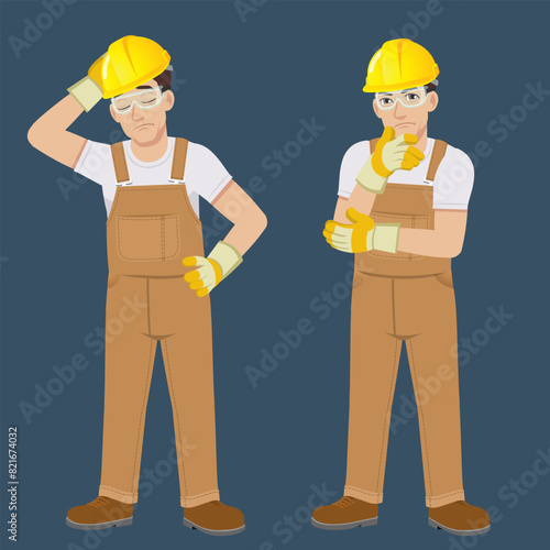 Worker Man in jumpsuit and safety helmet standing poses worried to trouble