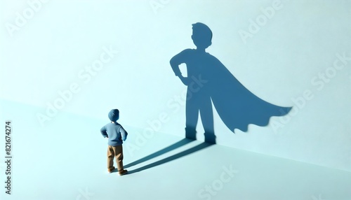 the silhouette of a small child facing the shadow of a superhero, symbolizing the potential and aspirations harbored within every young mind