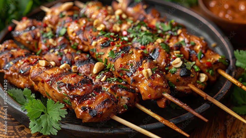 A photo of chicken satay skewers with a peanut sauce dipping pot, garnished with chopped peanuts and cilantro.