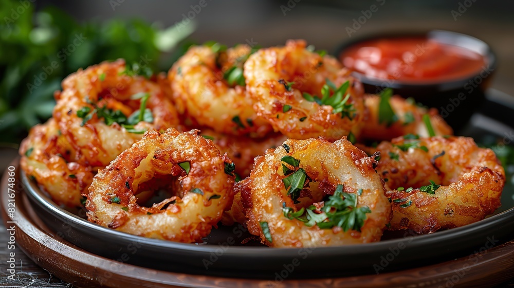 A photo of crispy golden onion rings served with a dipping sauce of your choice, such as ranch dressing or marinara sauce. A photo of crispy golden onion rings served with a dipping sauce of your choice, such as ranch dressing or marinara sauce.