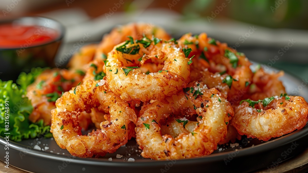 A photo of crispy golden onion rings served with a dipping sauce of your choice, such as ranch dressing or marinara sauce. A photo of crispy golden onion rings served with a dipping sauce of your choice, such as ranch dressing or marinara sauce.