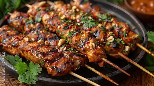 A photo of chicken satay skewers with a peanut sauce dipping pot, garnished with chopped peanuts and cilantro.