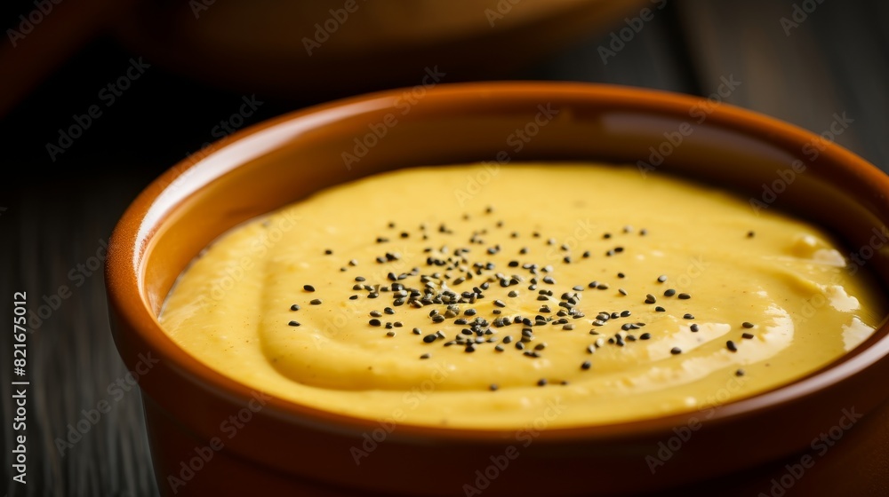 Close-up of a bowl of creamy yellow soup topped with black poppy seeds. The soup is in a brown bowl and the background is blurred. Close-up of a bowl of creamy yellow soup topped with black poppy seeds. The soup is in a brown bowl and the background is blurred.