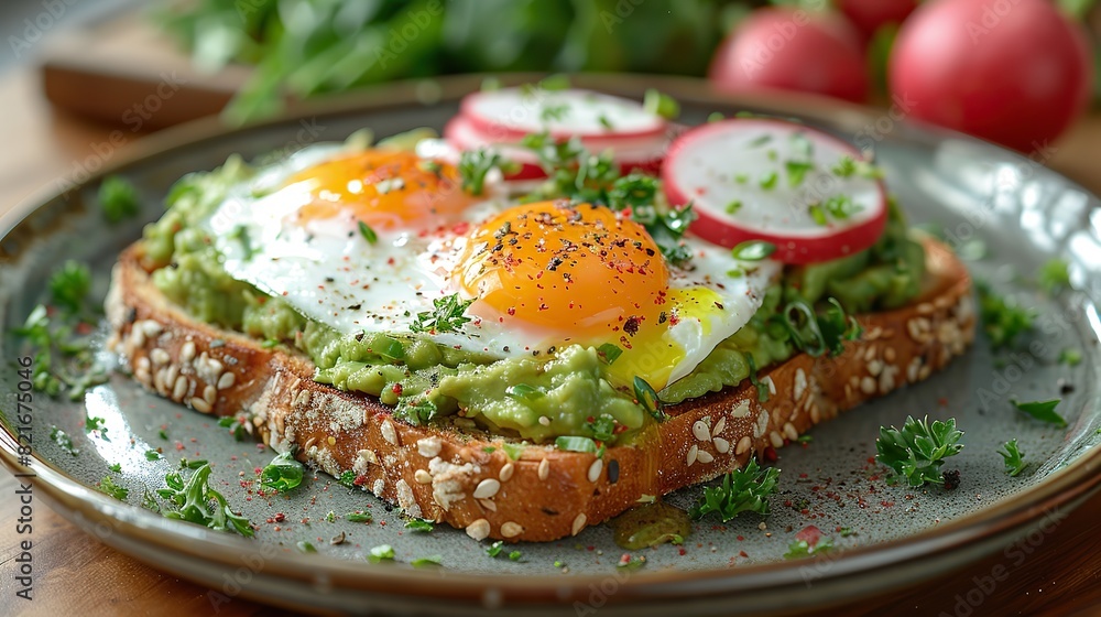 A plate of avocado toast with poached eggs and radishes. A plate of avocado toast with poached eggs and radishes.