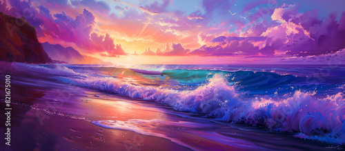 painted ocean wave and beautiful cloudy during sunset