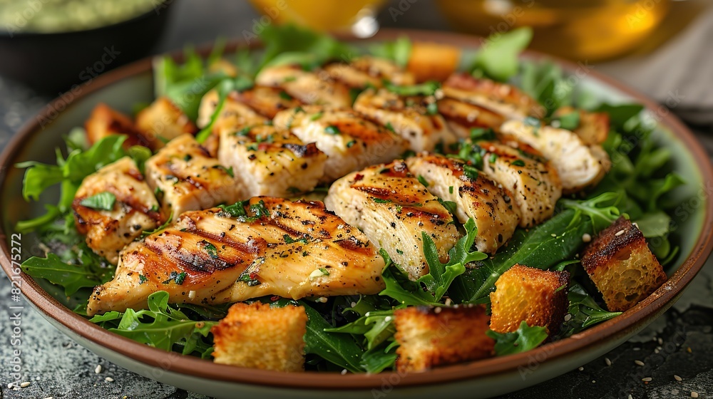 A plate of Caesar salad with grilled chicken and croutons. A plate of Caesar salad with grilled chicken and croutons.