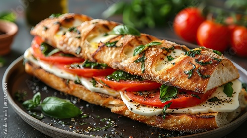 A plate of Caprese sandwich with mozzarella and tomatoes. photo