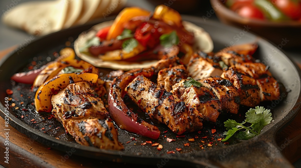 A plate of chicken fajitas with grilled onions and peppers. A plate of chicken fajitas with grilled onions and peppers.