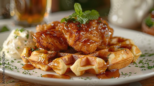 A plate of chicken and waffles with a drizzle of maple syrup.