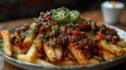 A plate of chili cheese fries with jalape�os.