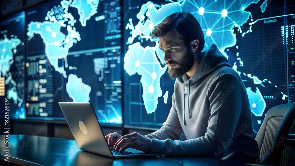 An ethical hacker at a laptop, with digital maps and network data visualized on screens around her, in a dark, moody setting.
An ethical hacker at a laptop, with digital maps and network data visualized on screens around her, in a dark, moody setting.