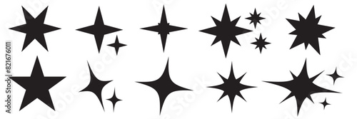 Sparkling stars composition. Glowing black star stencil, isolating various sparkling elements. Twinkle star, Minimalist silhouette stars icon, twinkle star shape symbols.