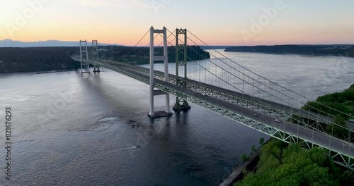 Aerial view of the Narrows bridge in Tacoma Washington during a sunset.