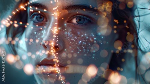 A young woman is seen in profile, her face illuminated by the glow of an AI interface that has digital lines and dots connecting to create facial features on top of a double helix DNA structure.