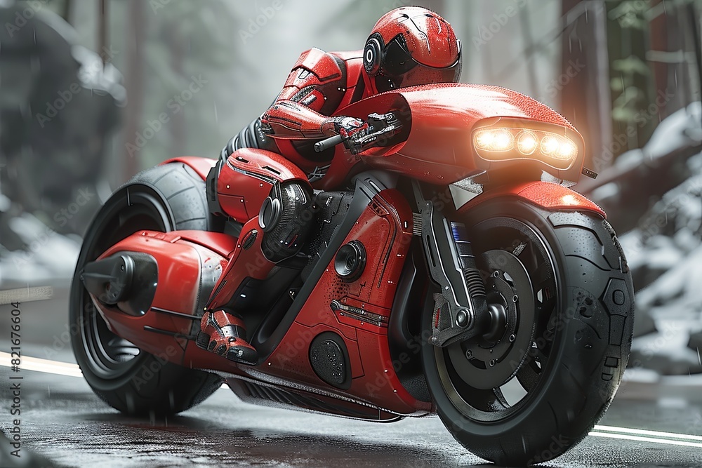 Obraz premium Red and Black Scifi Cyborg on Reflective Motorcycle: Octane-rendered Symmetry in 8K