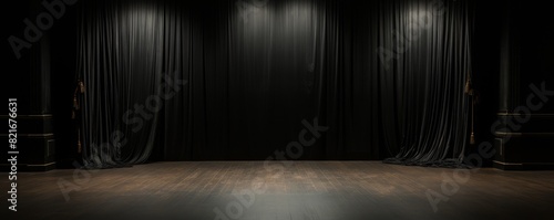 Dark stage with black curtains and spotlights.
