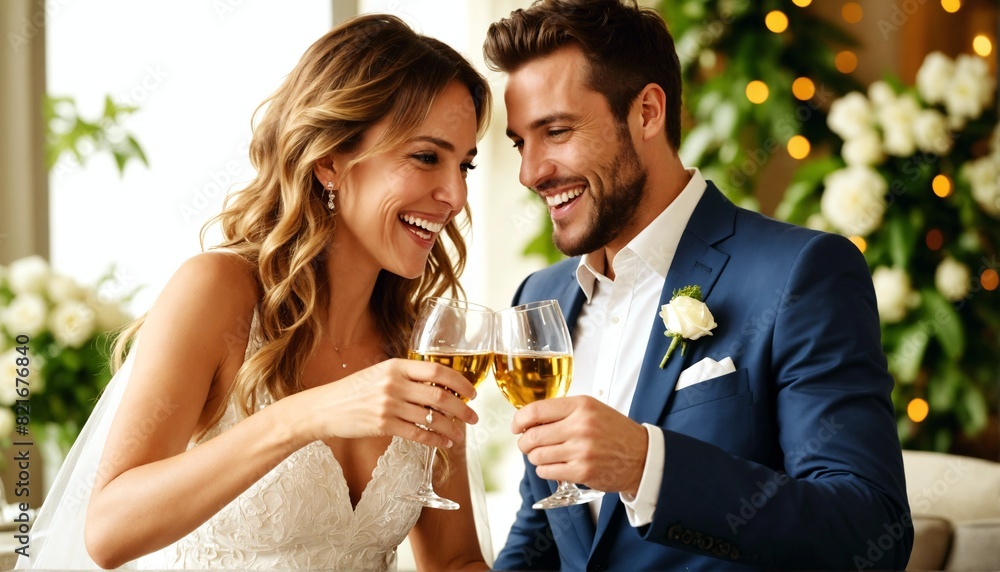 Joyful couple clinking glasses in a celebratory toast, laughing and enjoying the special moment together. Joyful couple clinking glasses in a celebratory toast, laughing and enjoying the special moment together.