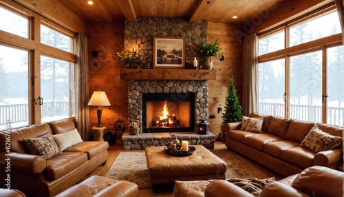 Cozy cabin living room with a warm  inviting fireplace surrounded by rustic decor and plush furnishings.