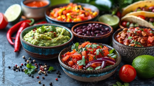 A photo of a colorful Cinco de Mayo spread with tacos  burritos  guacamole  salsa  and margaritas.