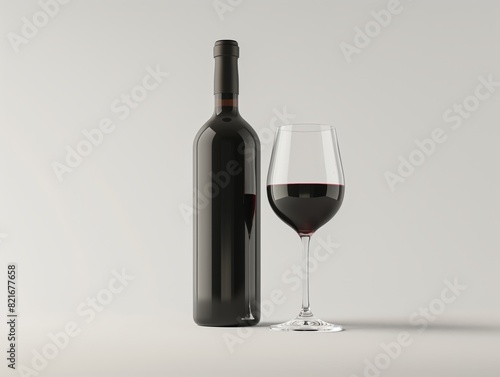A sophisticated display of a dark wine bottle beside a filled glass on a neutral background