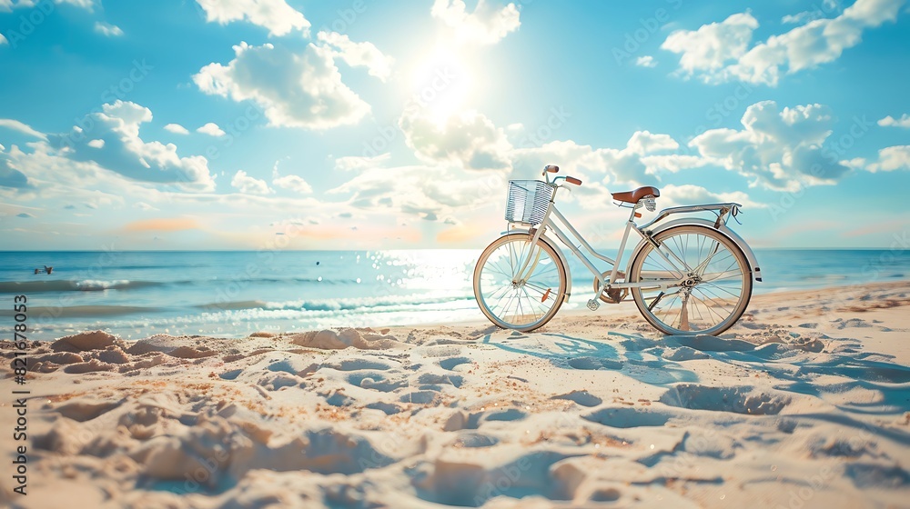 Bicycle parked on beach on a sunny day