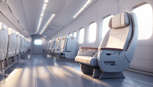 An empty airplane cabin with white seats and large windows.

 photo