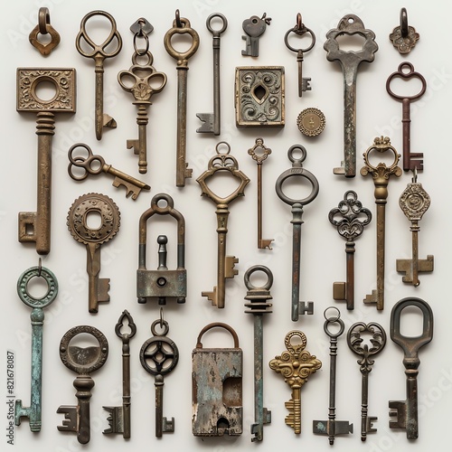 A collection of various old keys on a white background. © Charoen