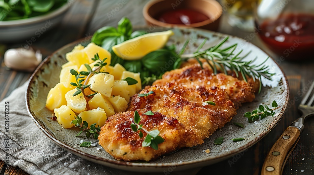 A photo of a traditional German dish of schnitzel, consisting of breaded and fried veal cutlets, served with potato salad and a lemon wedge. A photo of a traditional German dish of schnitzel, consisting of breaded and fried veal cutlets, served with potato salad and a lemon wedge.