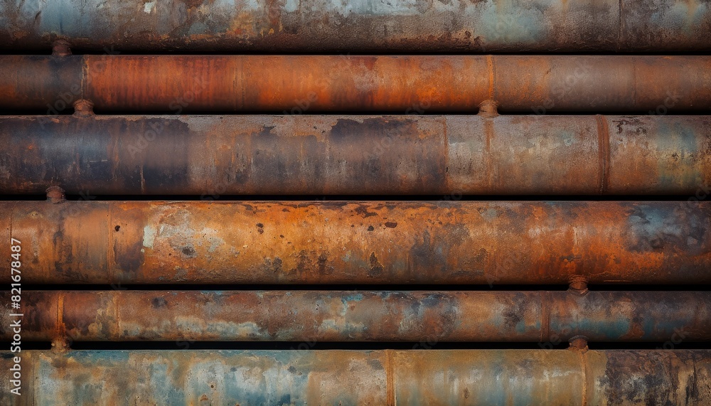 Rusty metal pipes arranged in a vertical pattern, showing signs of wear and age. Rusty metal pipes arranged in a vertical pattern, showing signs of wear and age.