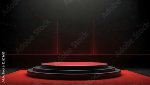 Red light round podium and black background for mock up