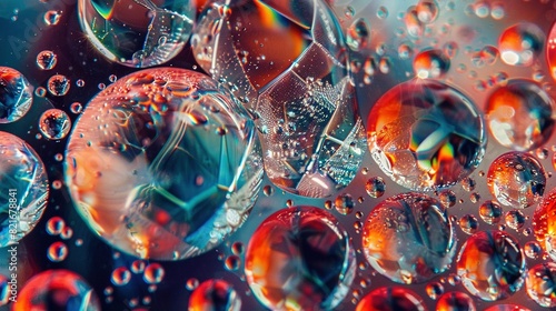  A close-up of a group of bubbles against a blue and red background, featuring water droplets on the base of the bubbles