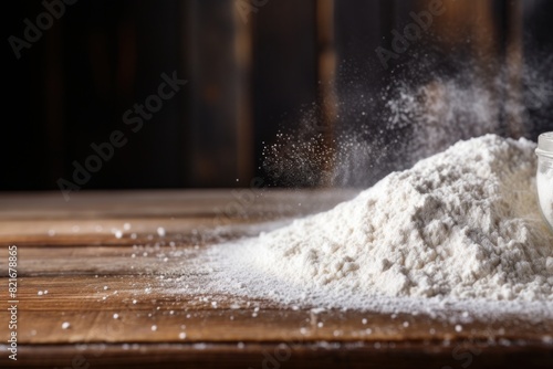 Pile of Flour on Wooden Table. Generative AI
