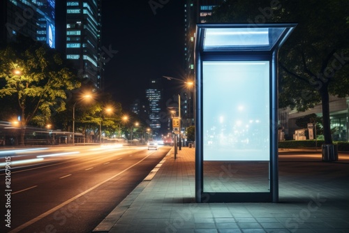 Urban bus stop at night. Generative AI